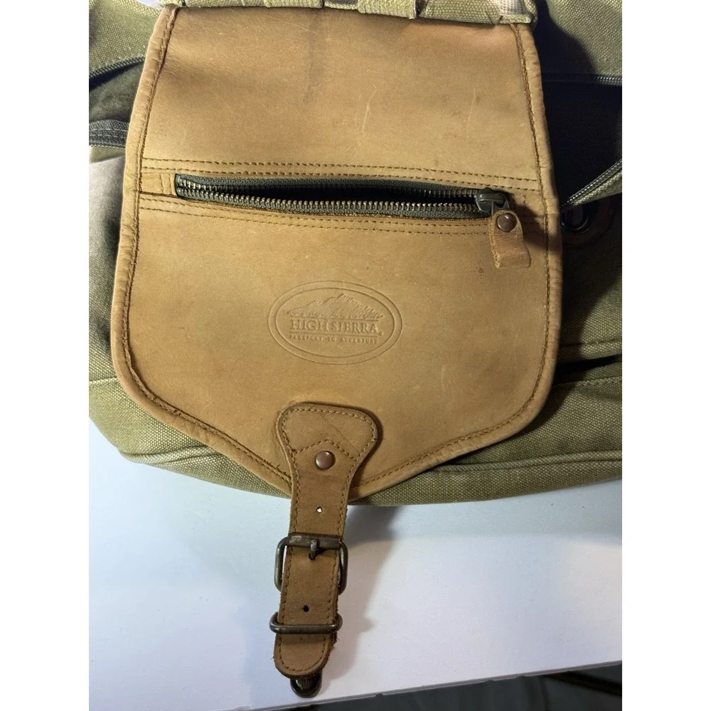 Vintage High Sierra Canvas Leather Backpack Rucksack Hiking Travel Bag Olive Tan